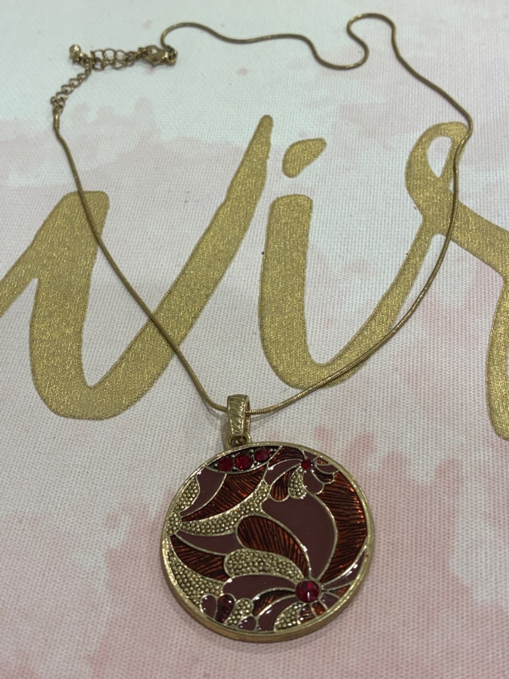 Gold-Tone Red Enamel Floral Pendant Necklace - Unbranded
